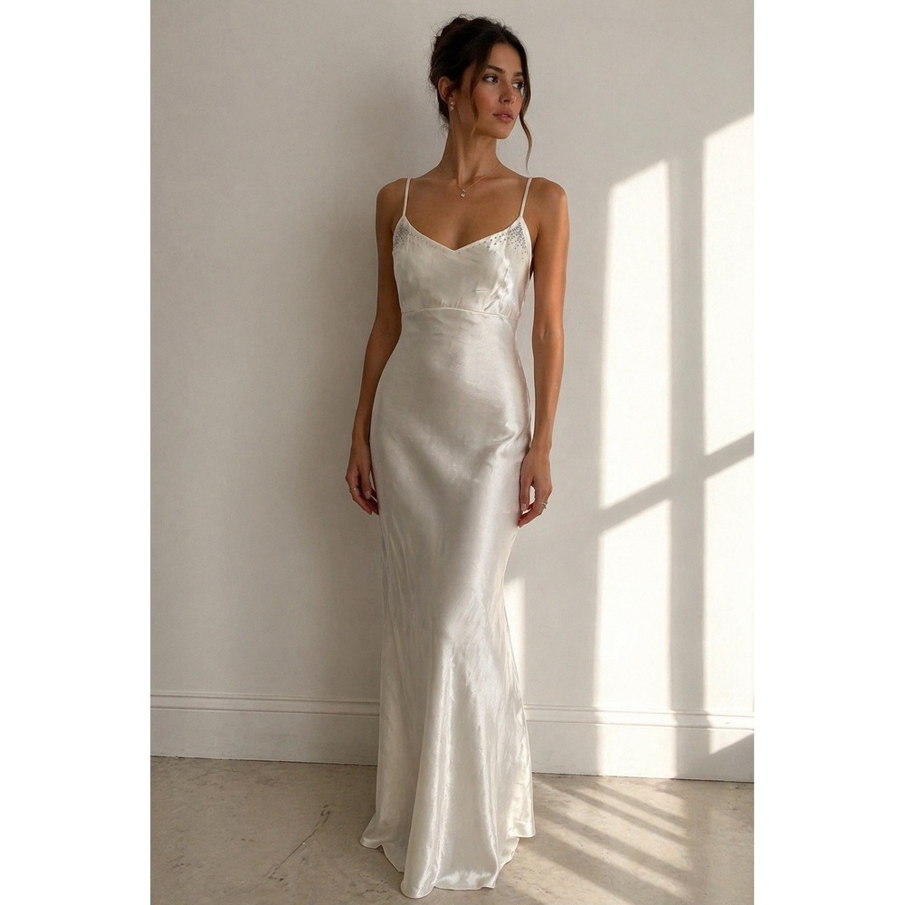 VTG Jessica McClintock Gunne Sax Y2K Ivory Satin Slip Dress Sz 7 Bridal Bias Cut